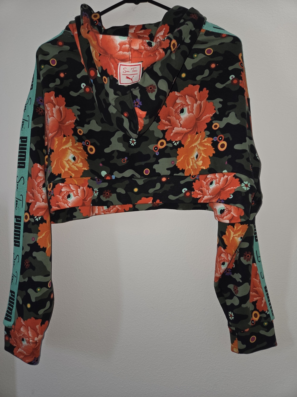 Puma Black & Green Camo Cropped Hoodie with Orange Floral Print